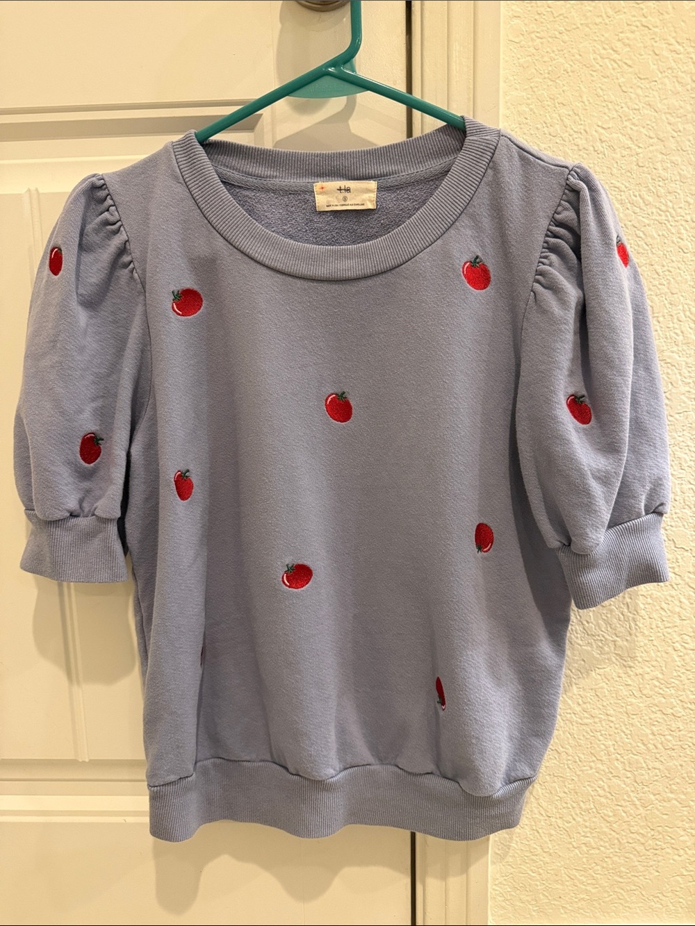 Anthropologie Women’s Light Blue Tomato Embroidered Puff-Sleeve Top